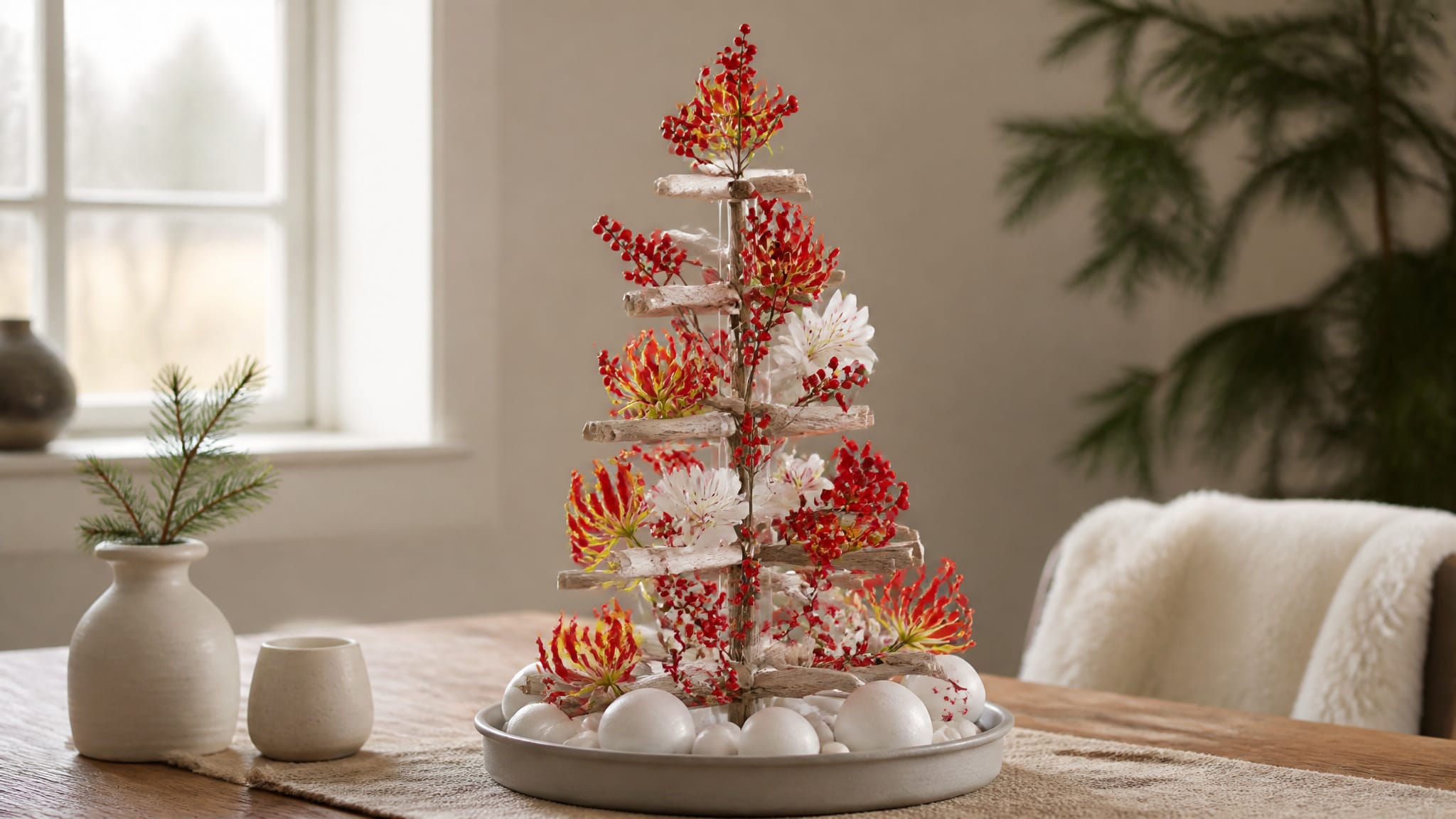 Finished Scandinavian tabletop tree with wired branches, glass vials, flame lilies, and orchids