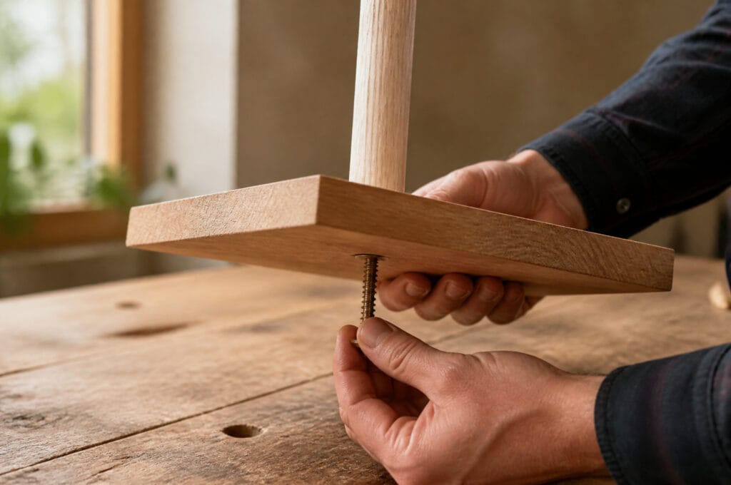 Wooden dowel trunk being screwed into a wood base for a tabletop tree