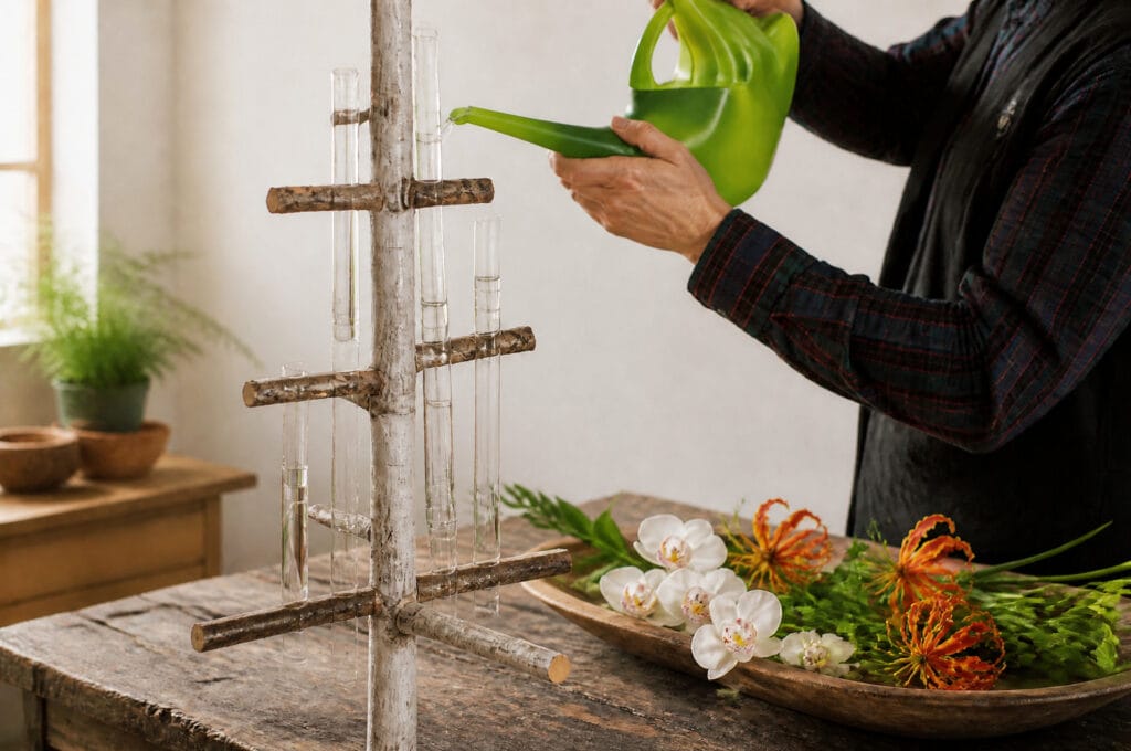 Watering can filling glass vials on a finished branch tree before flowers are added