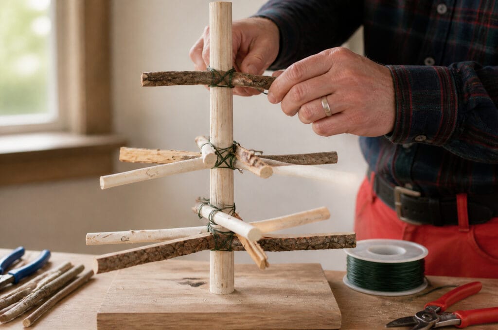 Hands wiring bare branches around a wooden trunk in tiers for a Scandinavian tabletop tree
