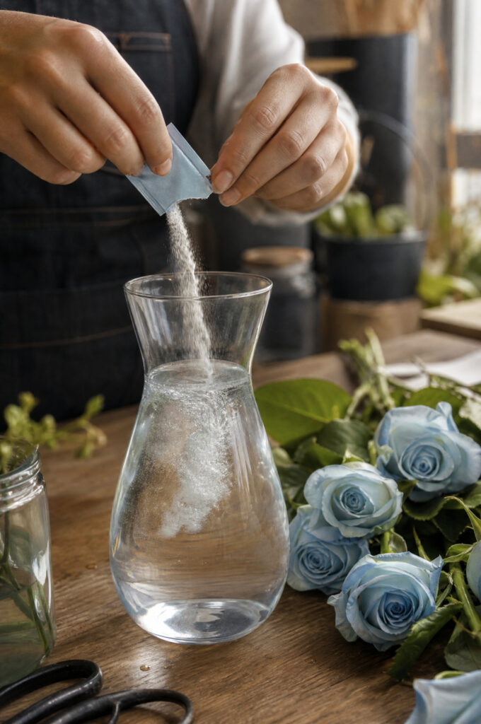 Hands adding flower preservative packet to a vase of blue roses