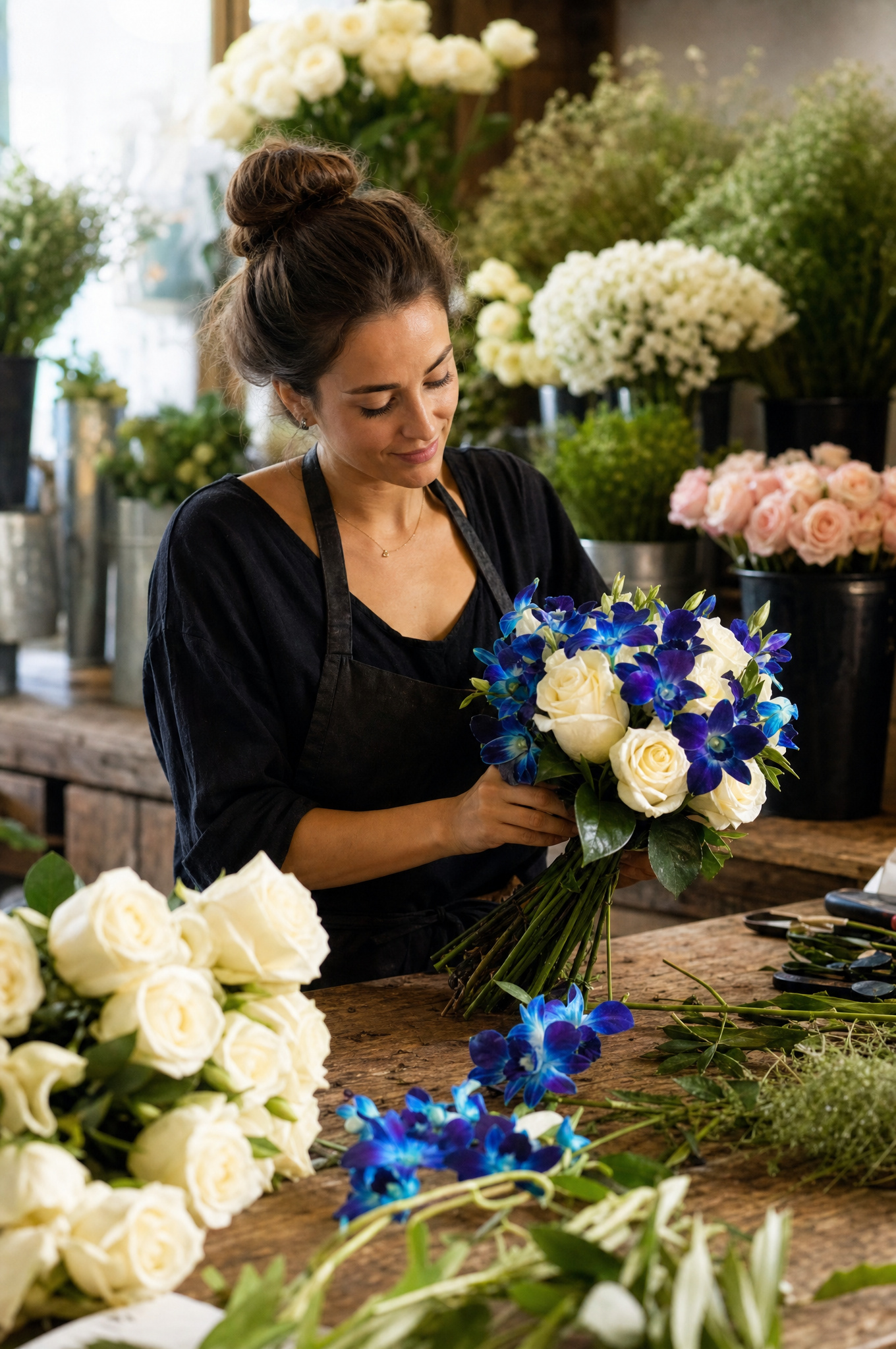 Florist arranging a wedding bouquet of white roses and dark blue-dyed dendrobium stem
