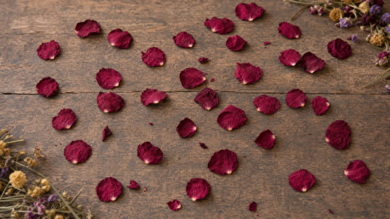 Freeze-dried red rose petals scattered across a florist's wooden worktable