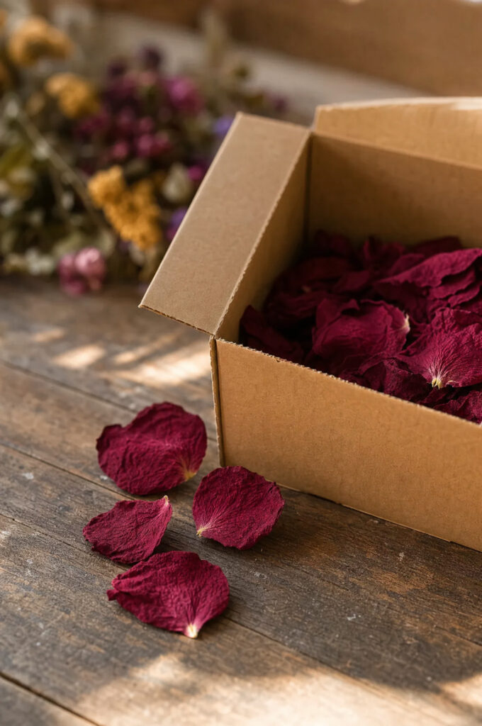 Open shipping box of freeze-dried rose petals arriving on a florist's workbench