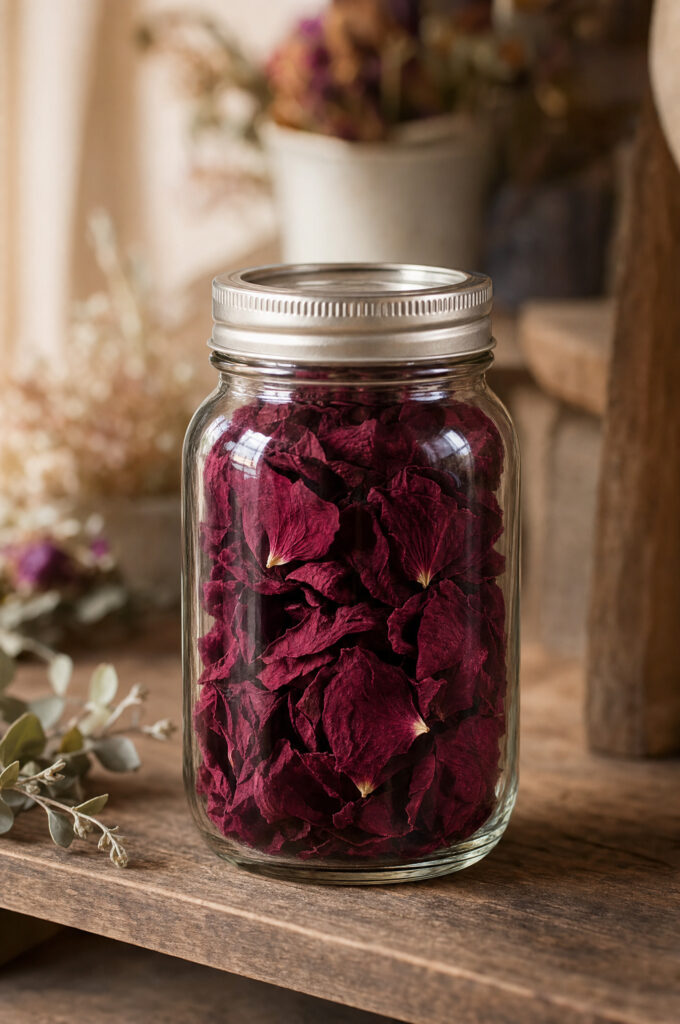 Sealed glass jar of freeze-dried rose petals on a wooden shelf away from sunlight