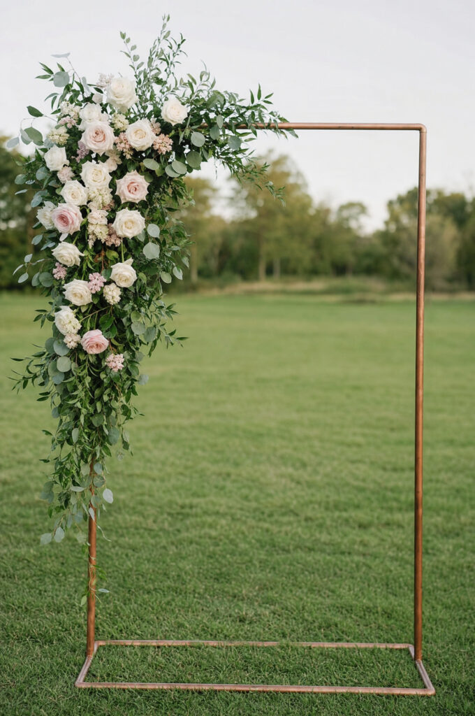 Asymmetrical wedding arch with loose flowers and greenery on one side