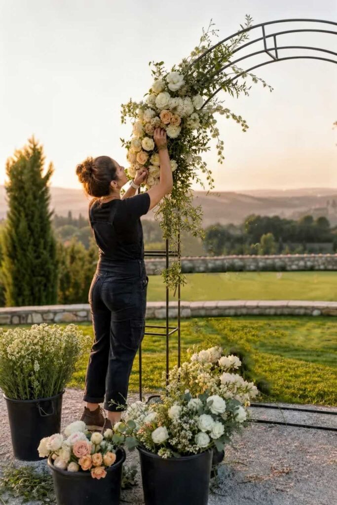 Florist placing flowers onto a ceremony arch frame at a wedding venue