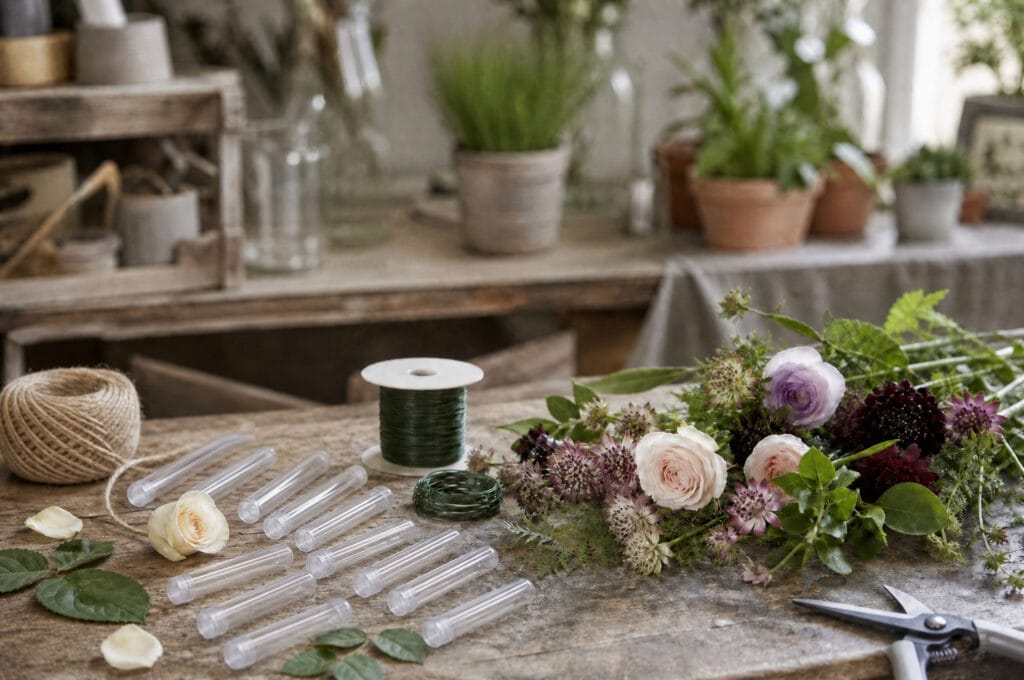 Floral supplies and fresh cut flowers for a flower curtain project on a florist's counter