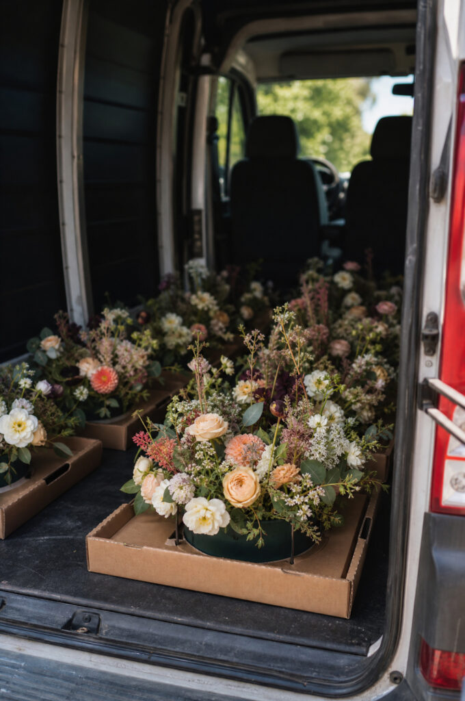Finished centerpieces secured upright in low flat delivery boxes inside a van