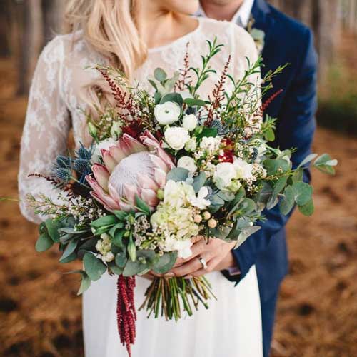 boho bridal bouquet with king protea