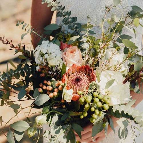 boho bridal bouquet with proteas