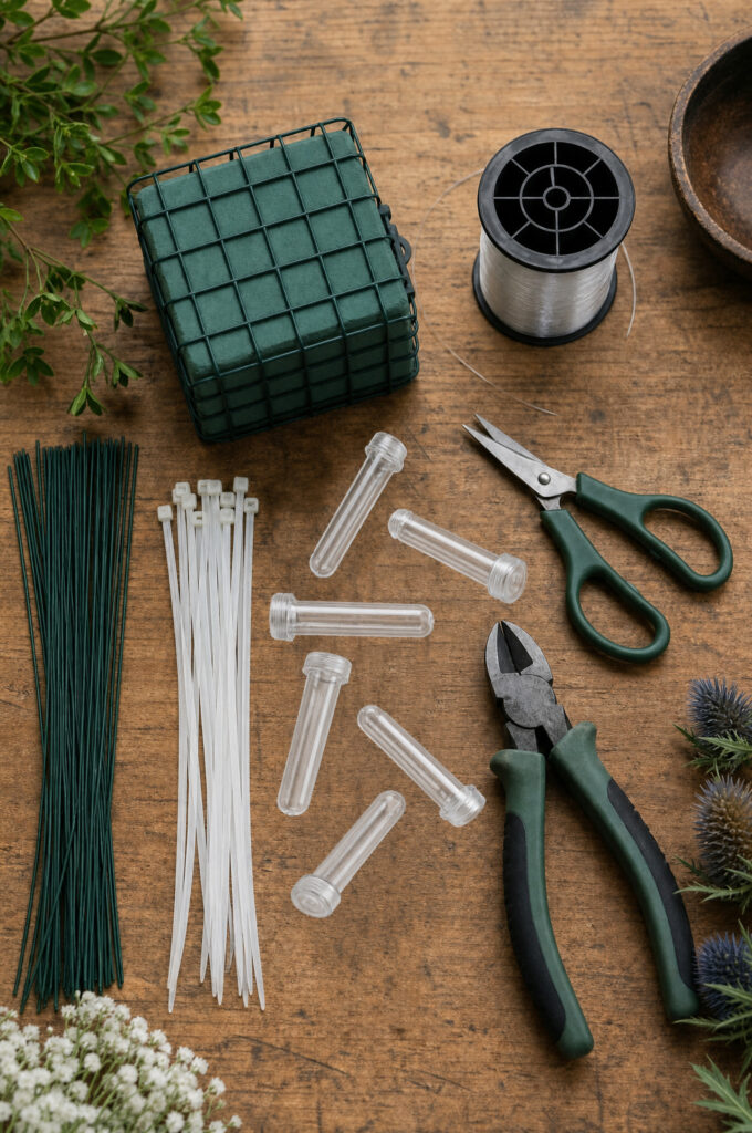 Floral installation supplies laid out on a worktable — foam cage, wire, zip ties, water picks