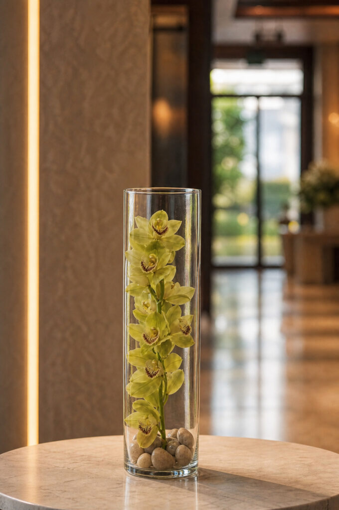 Single dramatic cymbidium orchid vase positioned at an event entry table