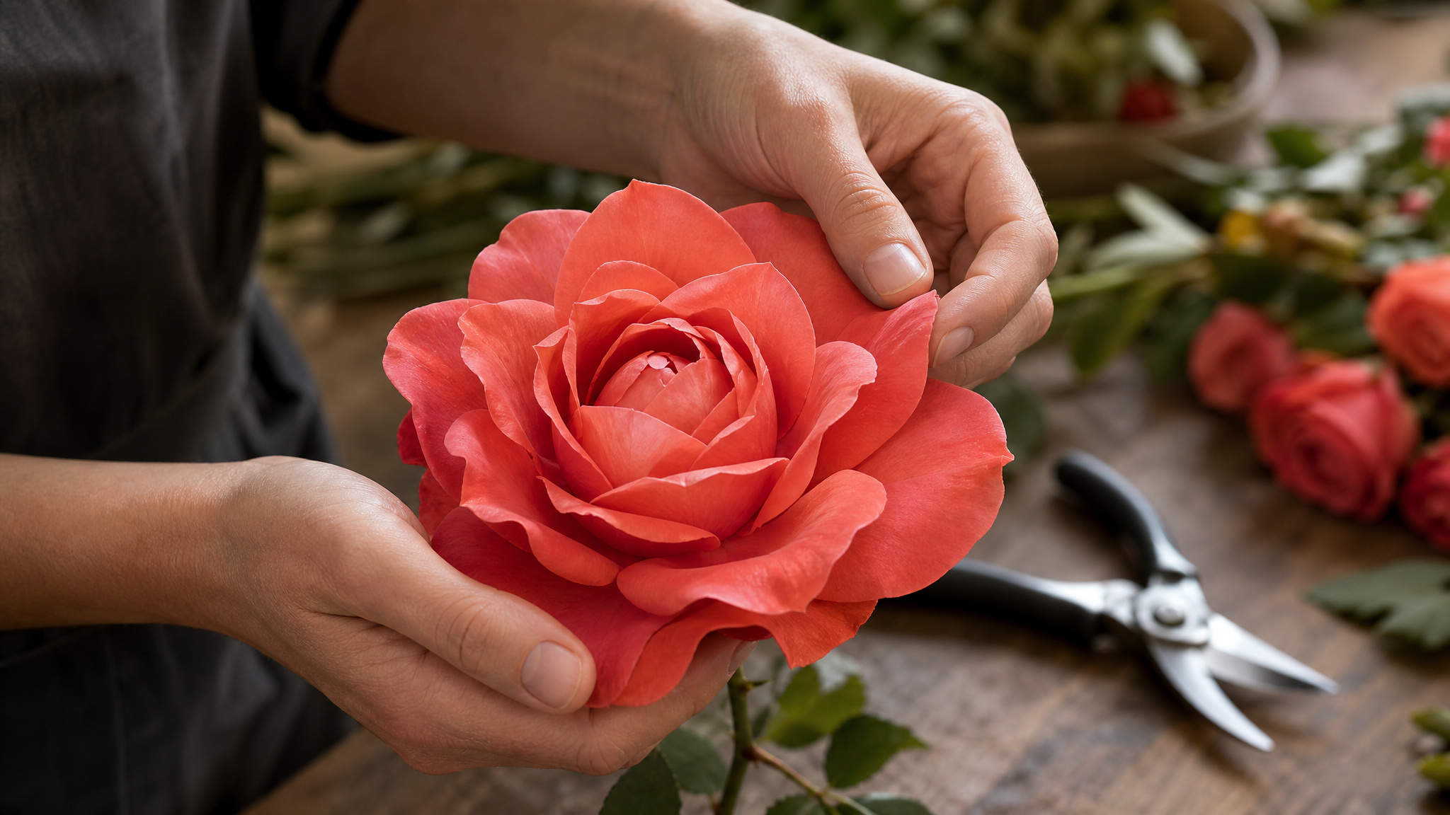 Florist reflexing rose petals by hand on a wooden design bench