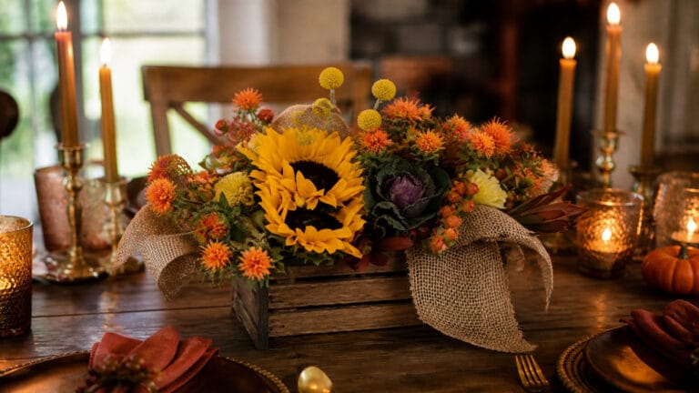 Rustic fall floral arrangement with sunflowers, kale, and burlap ribbon on a dinner party table