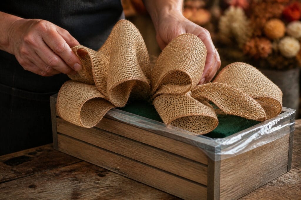 Florist securing burlap ribbon into floral foam with a wooden pick for a fall arrangement