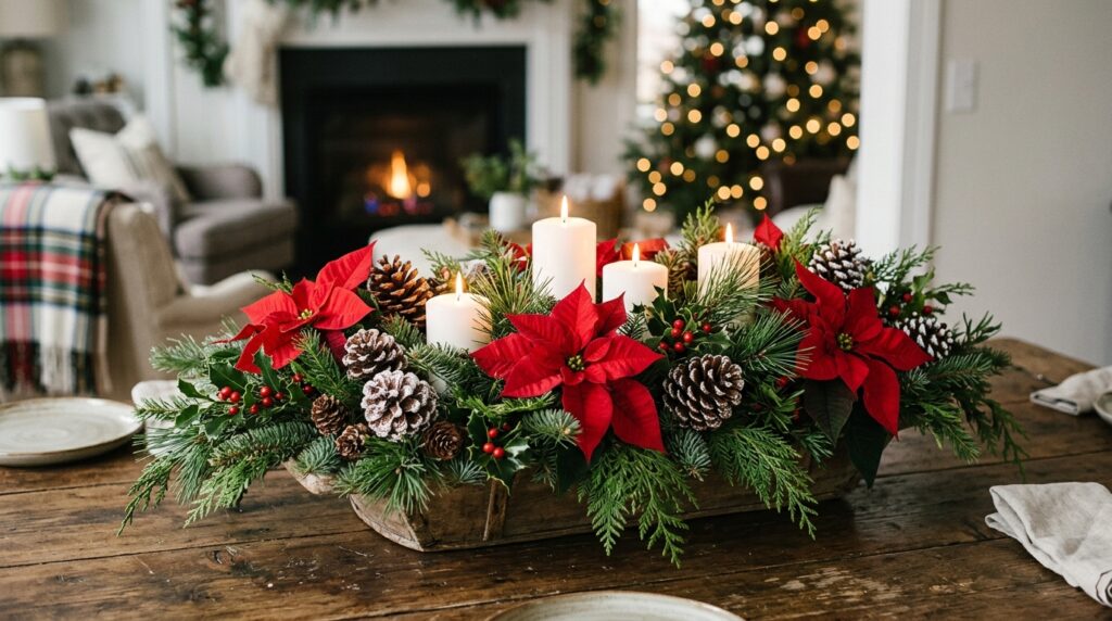 christmas centerpiece with poinsettias
