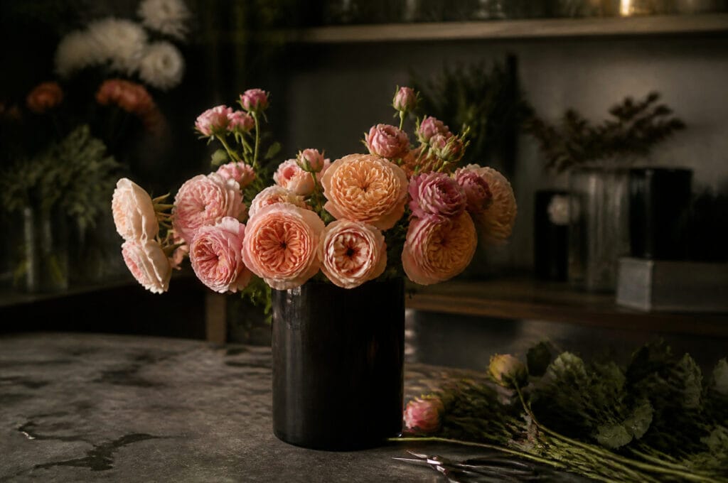 Garden roses conditioning in a bucket of water before a wedding