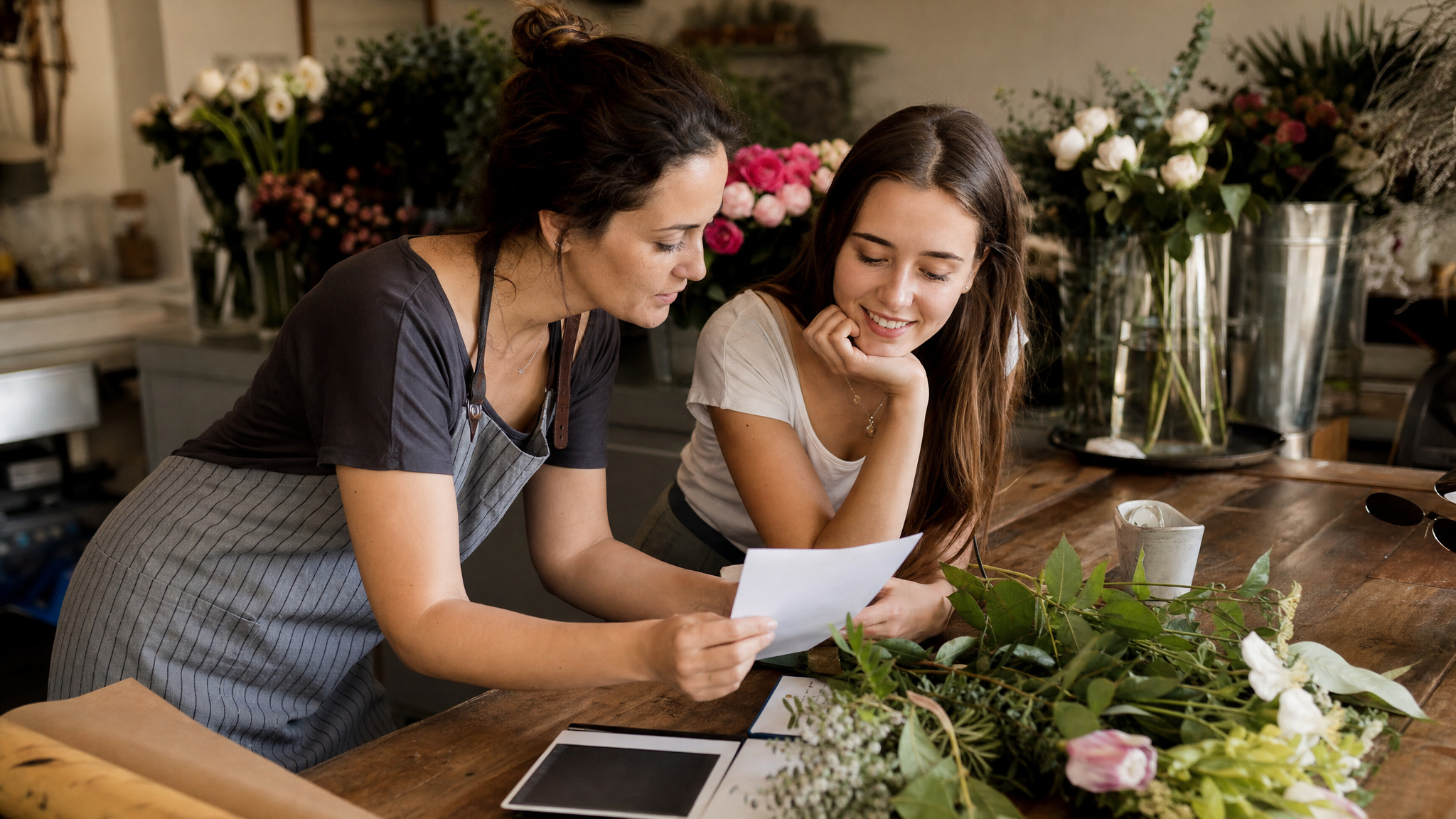 Florist reviewing a wedding proposal with a young woman at a wooden worktable surrounded by fresh flowers