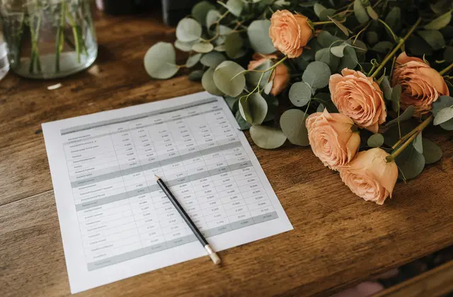 Wedding budget spreadsheet beside a small bouquet of roses on a wooden desk