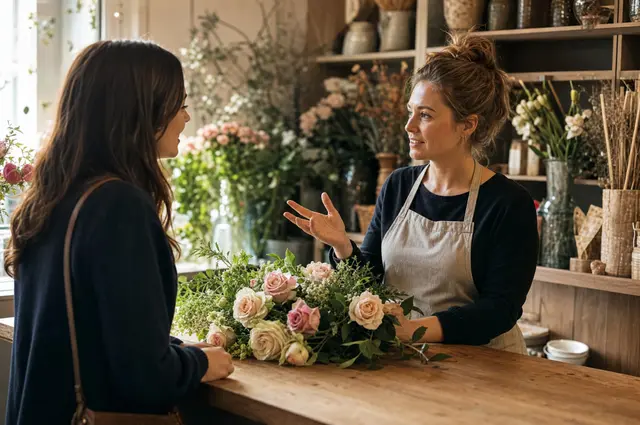 Bride and florist in conversation at a floral design counter with flowers between them