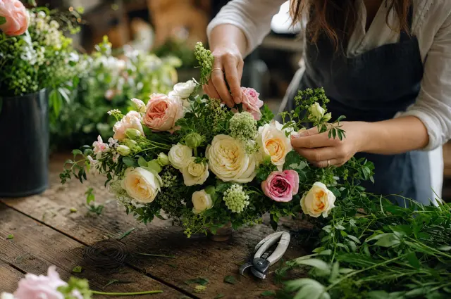 Florist hands assembling a wedding centerpiece on a wooden worktable with mixed blooms