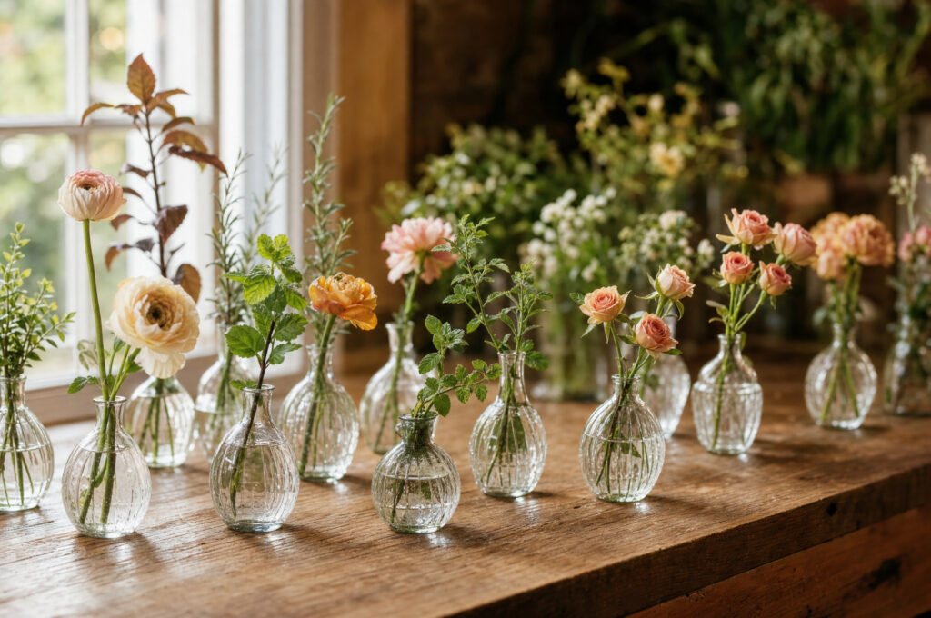 Small bud vases with single stems arranged on a wooden surface at a wedding venue