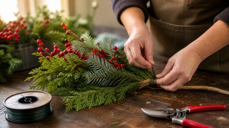 Florist wiring fresh evergreen bundles into a Christmas garland on a wooden worktable