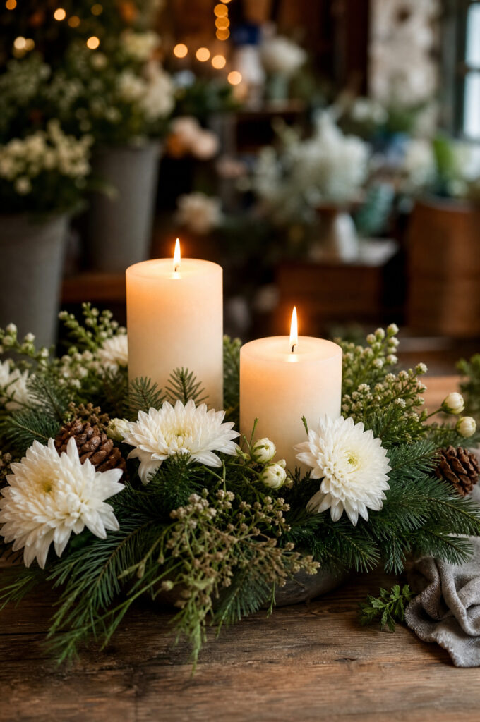 Pillar candles at varying heights with fresh fir and chrysanthemums, showing safe clearance from foliage