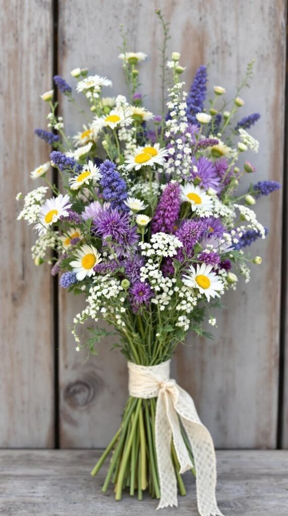lace wrapped wildflower arrangements