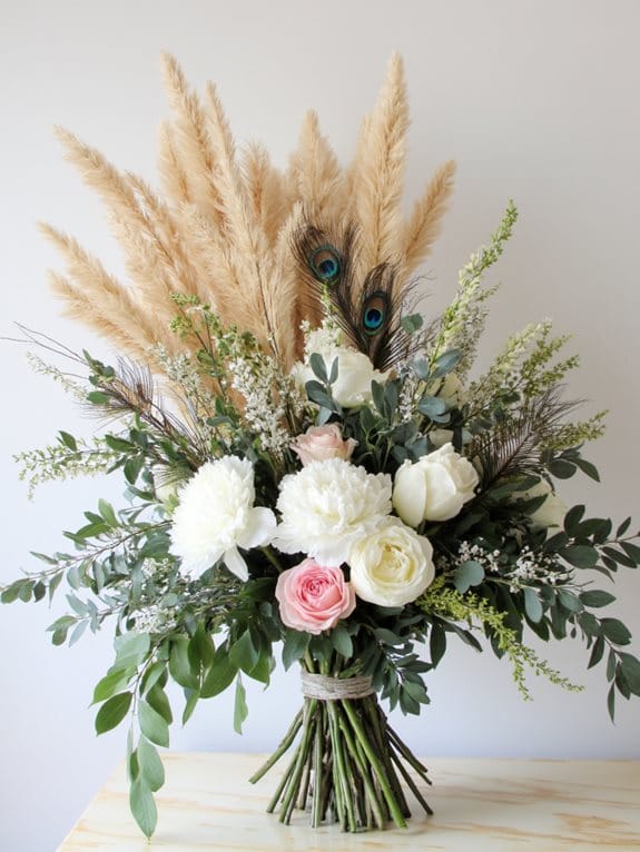 bohemian feather and floral arrangements
