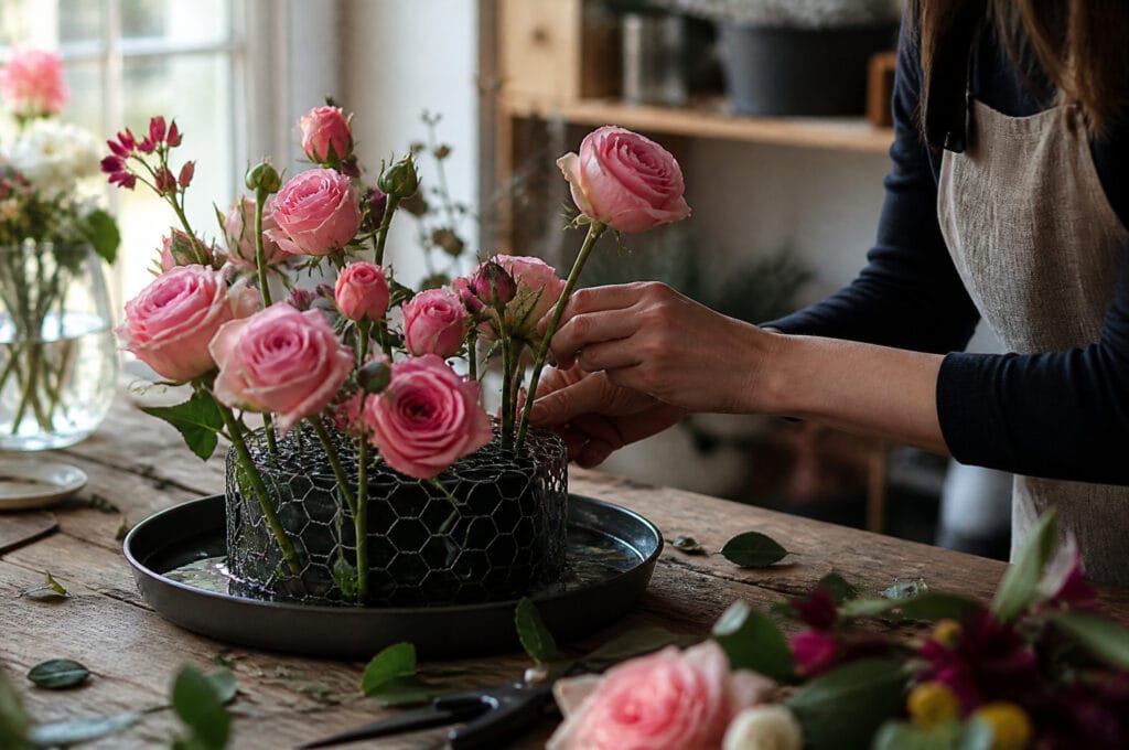 Florist placing rose stems through wire mesh into a shallow dish of water