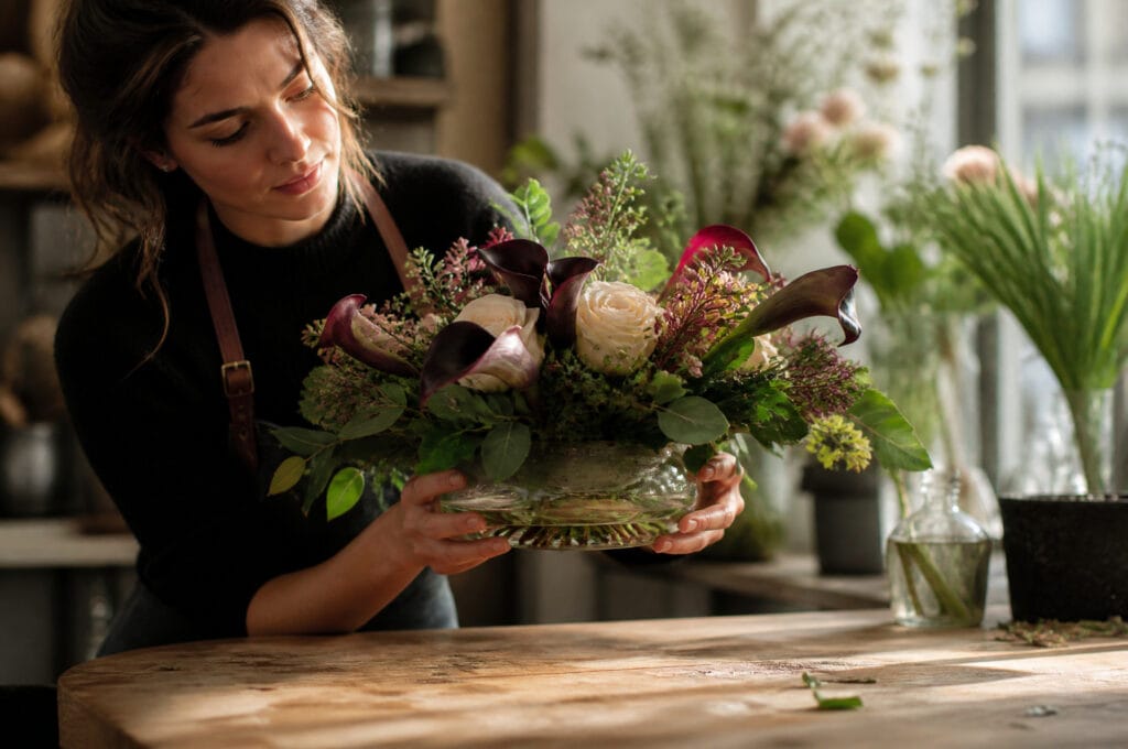 Florist checking water level in a shallow dish beneath a finished arrangement