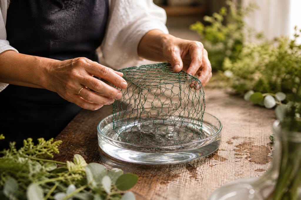 Florist hands holding a dome of reusable wire mesh over a shallow dish