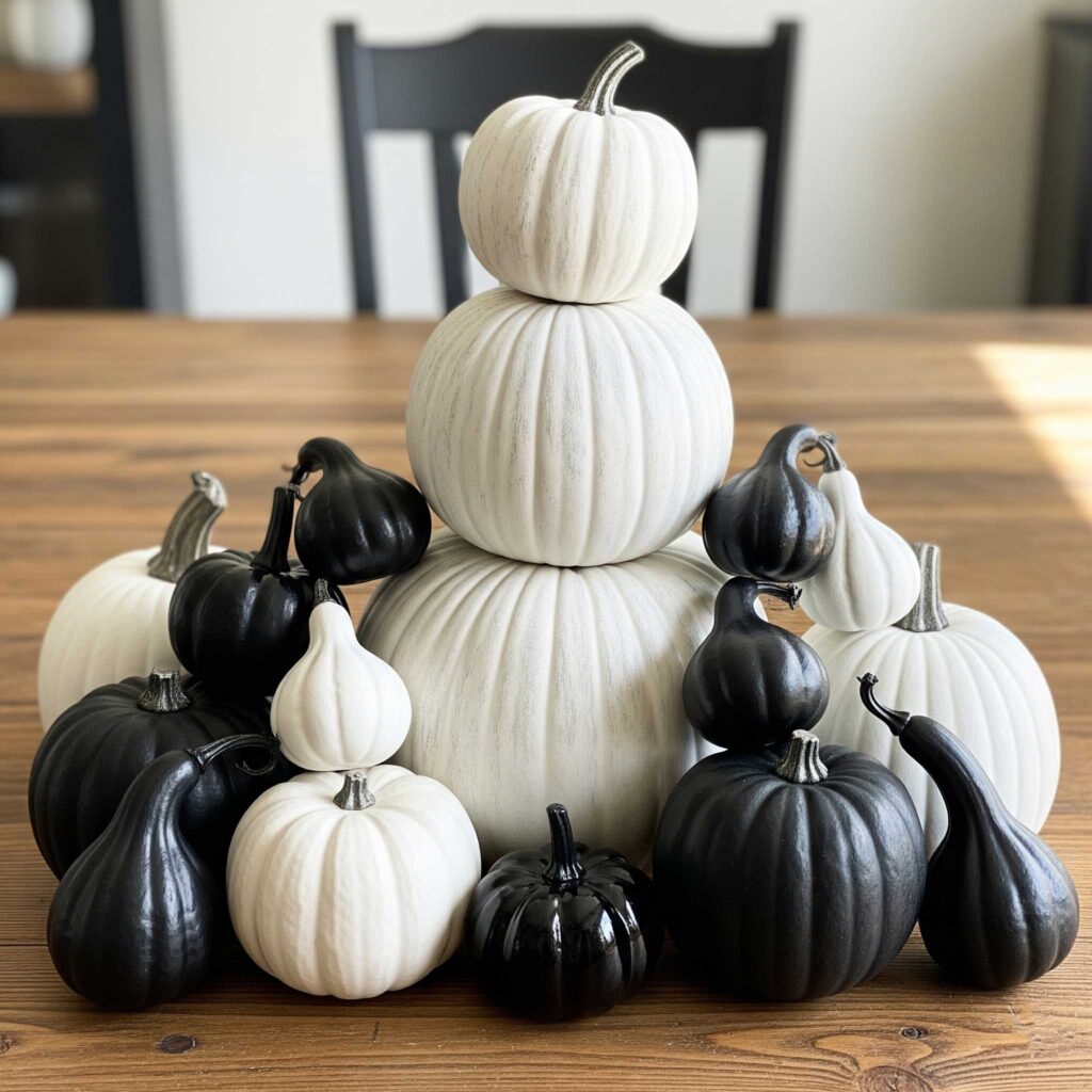 black and white pumpkin display