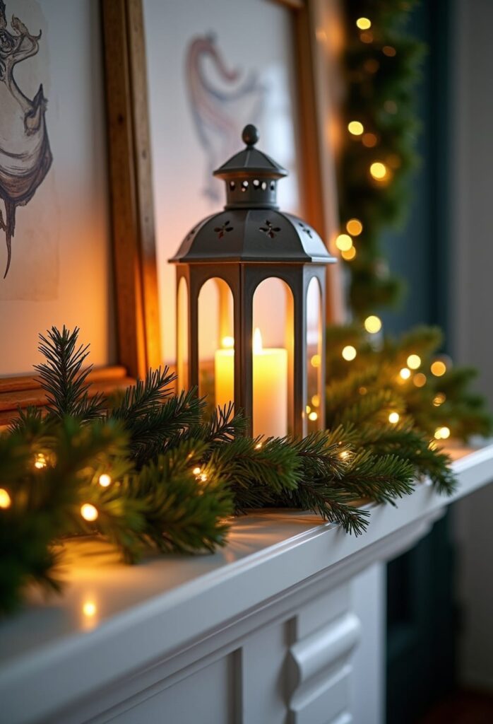 christmas lantern and greens with fairy lights