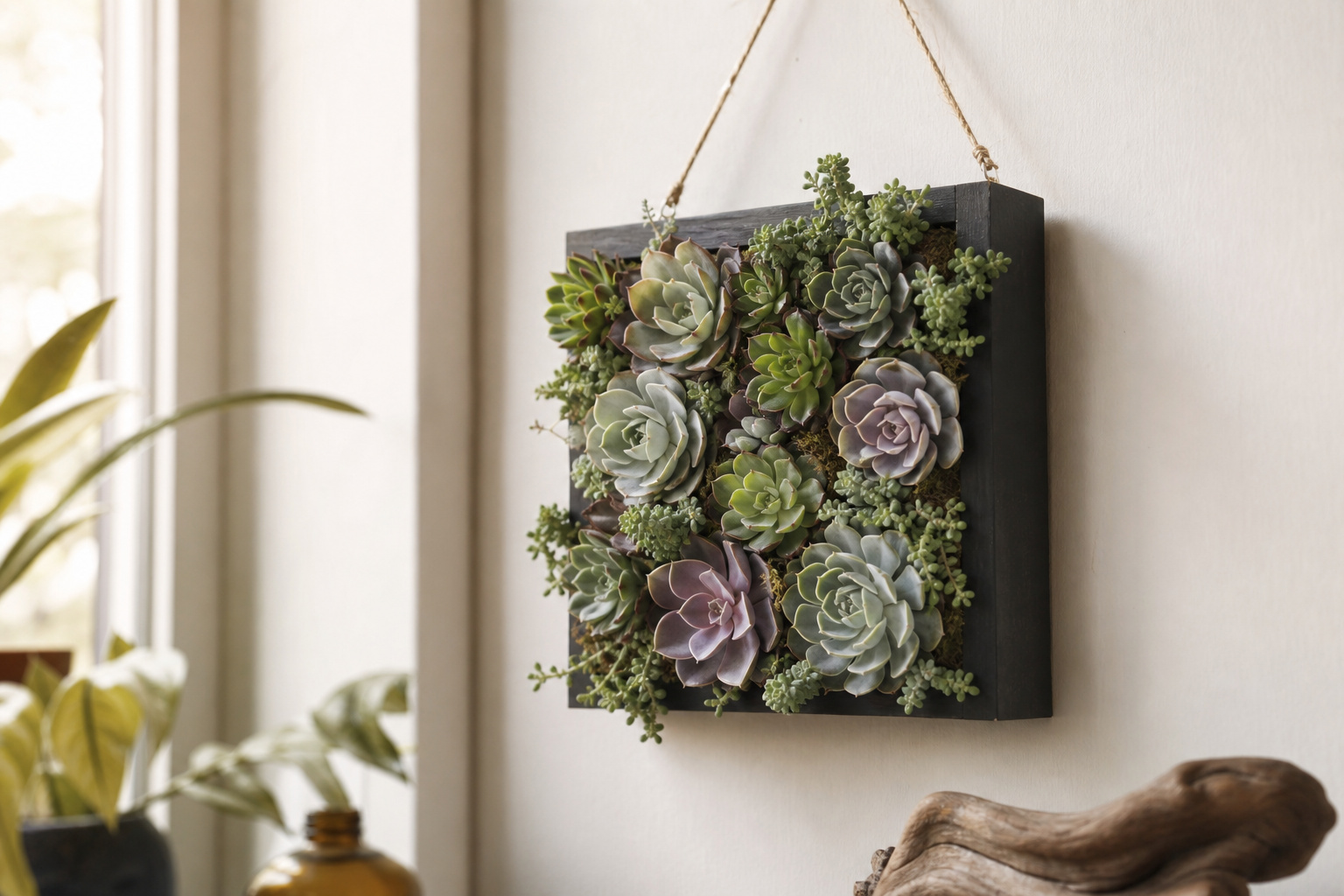 Vertical succulent arrangement in a wooden cigar box frame hanging on a white wall