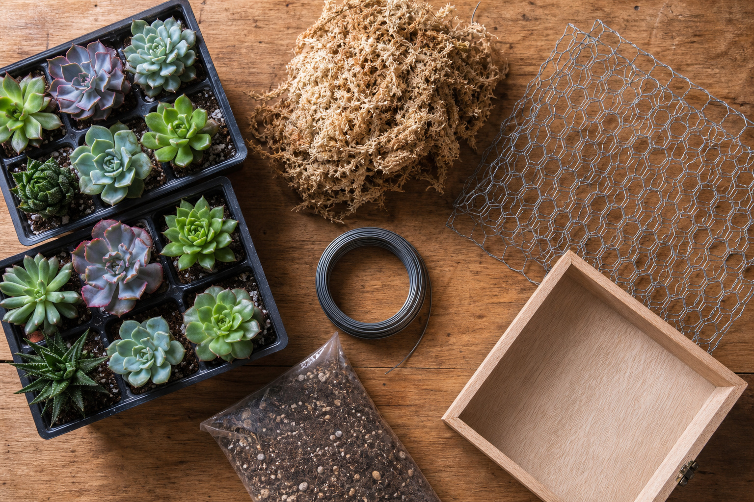 Succulent plants, sphagnum moss, chicken wire, and paddle wire laid out on a wooden worktable