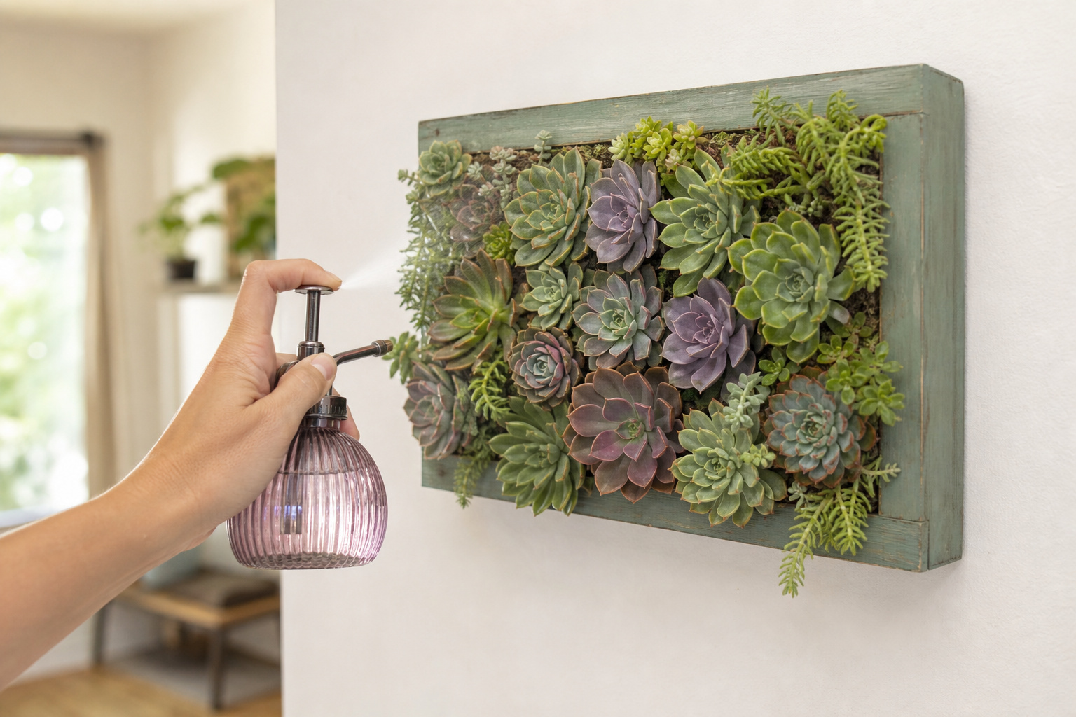 Misting a hanging vertical succulent frame with a spray bottle
