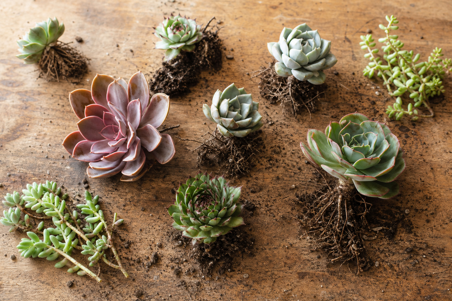 Assortment of echeveria, sempervivum, and sedum succulents on a wooden surface