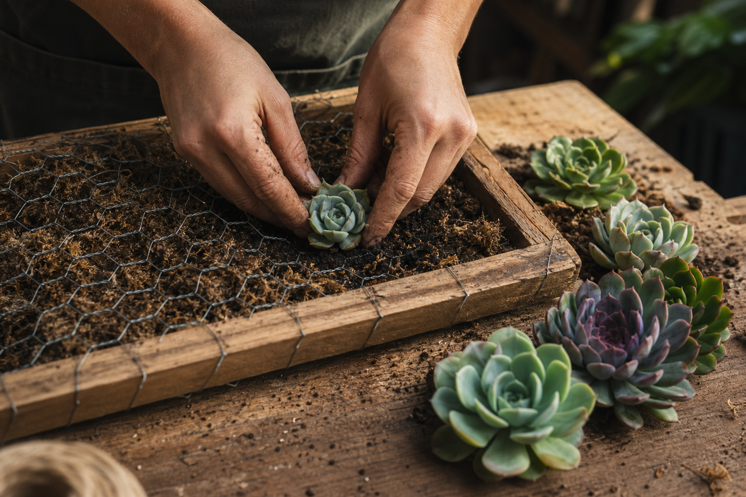 Hands placing a succulent rosette into a moss-filled wooden frame on a florist worktable