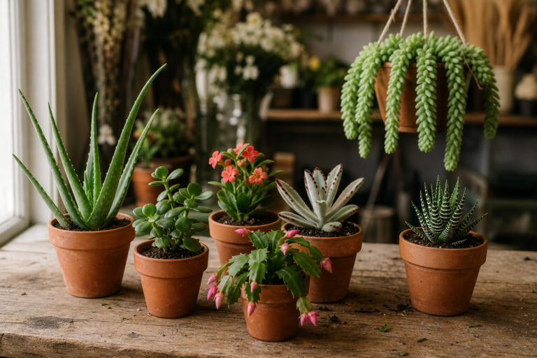 An assortment of seven small indoor succulent plants in terra cotta pots arranged on a wooden florist's potting bench