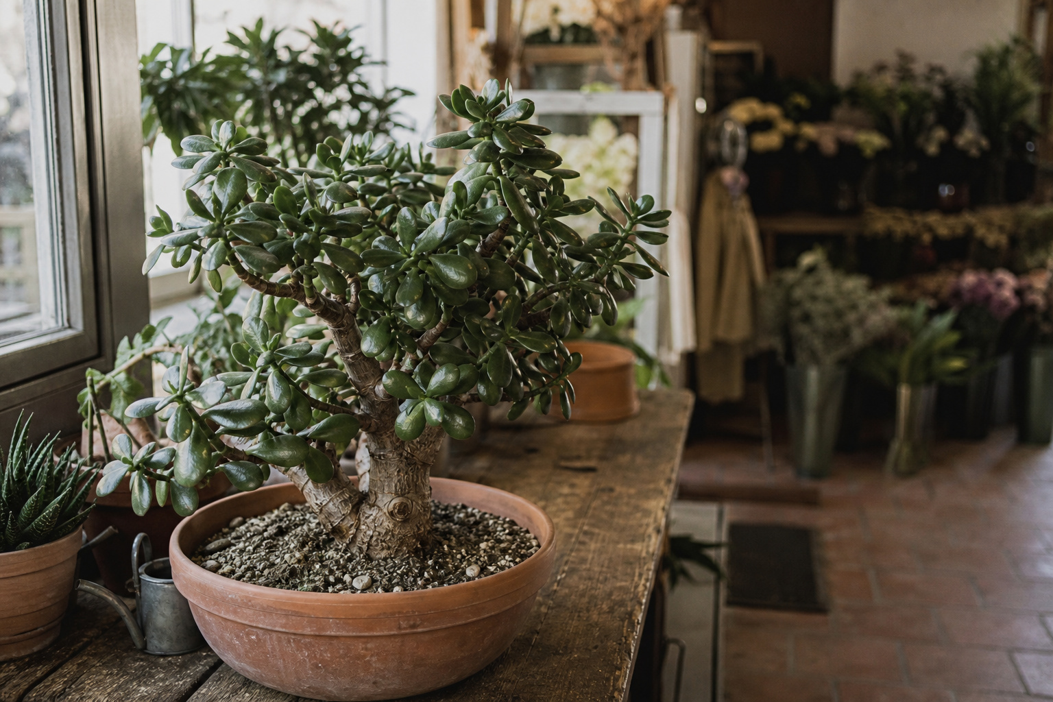 A mature jade plant with thick glossy oval leaves in a wide low terra cotta pot