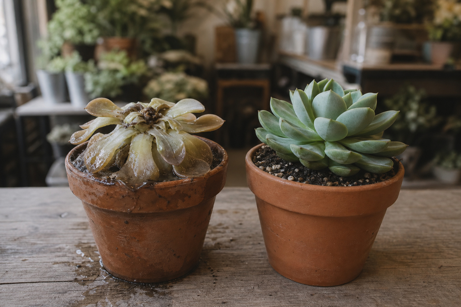 Two succulents side by side on a wooden bench, one healthy and one overwatered with mushy yellowing leaves