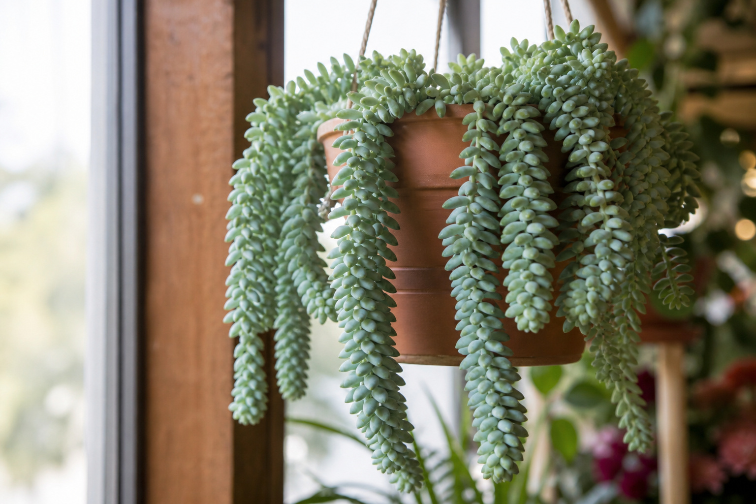 A burro's tail succulent cascading from a hanging terra cotta planter near a bright window