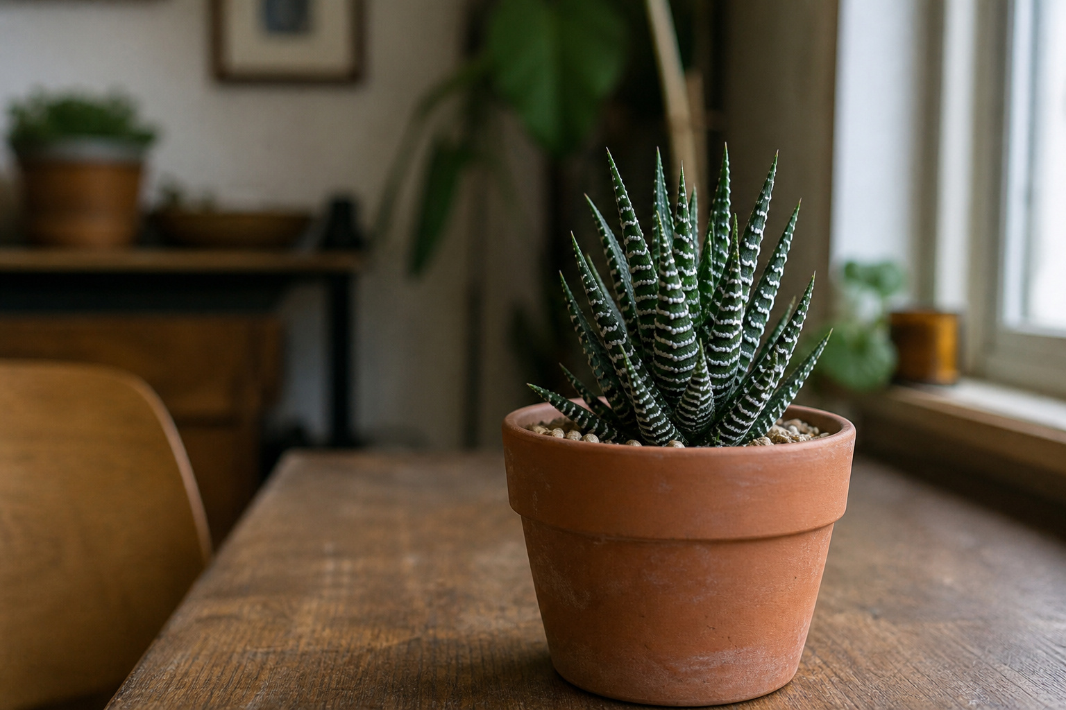 A compact zebra plant haworthia with dark green spiky leaves and white horizontal stripes in a small terra cotta pot
