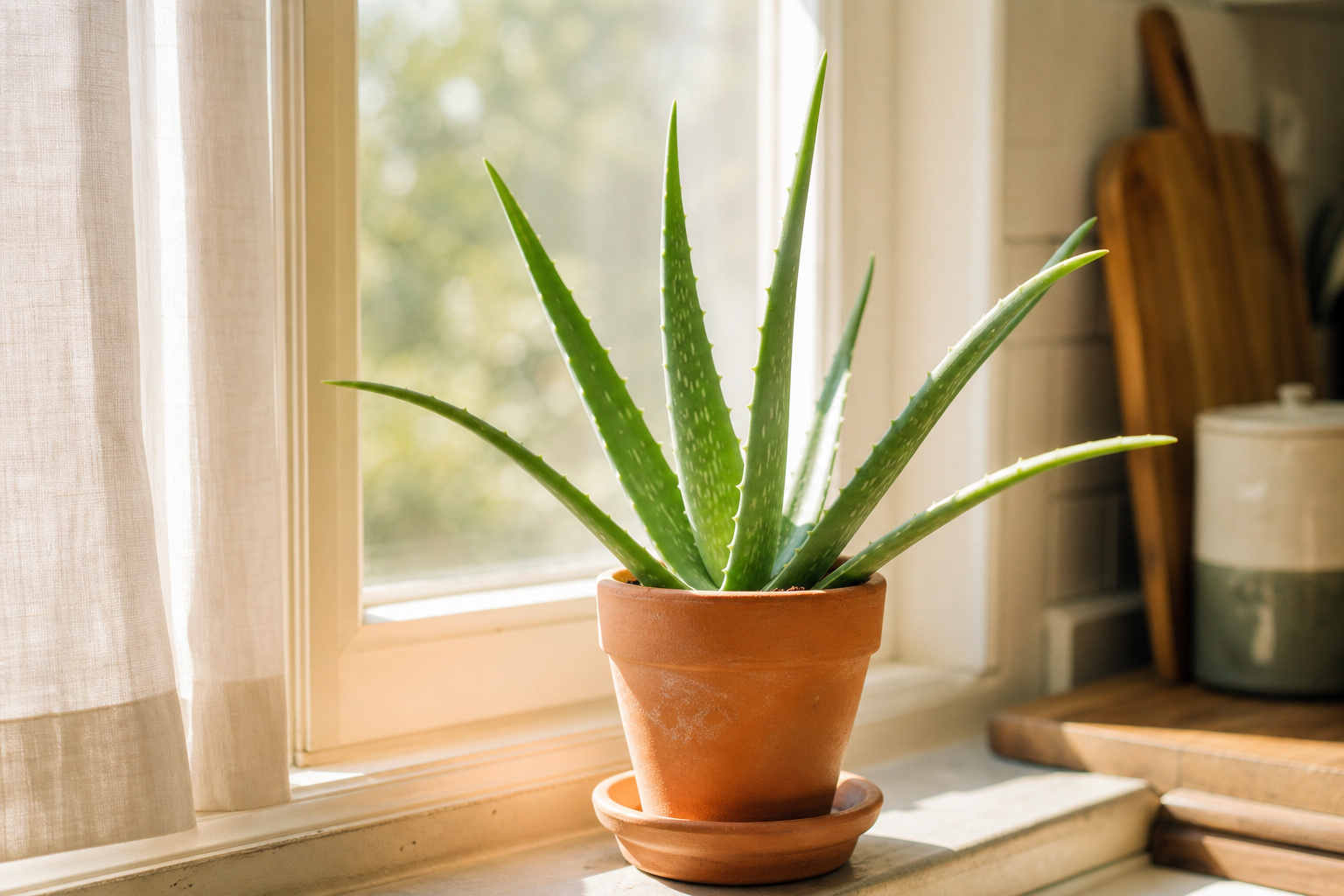 A healthy aloe vera plant in a terra cotta pot sitting on a sunlit kitchen windowsill