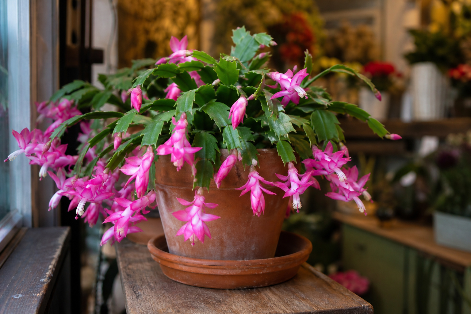 A Christmas cactus in bloom with bright pink tubular flowers cascading from segmented green leaves