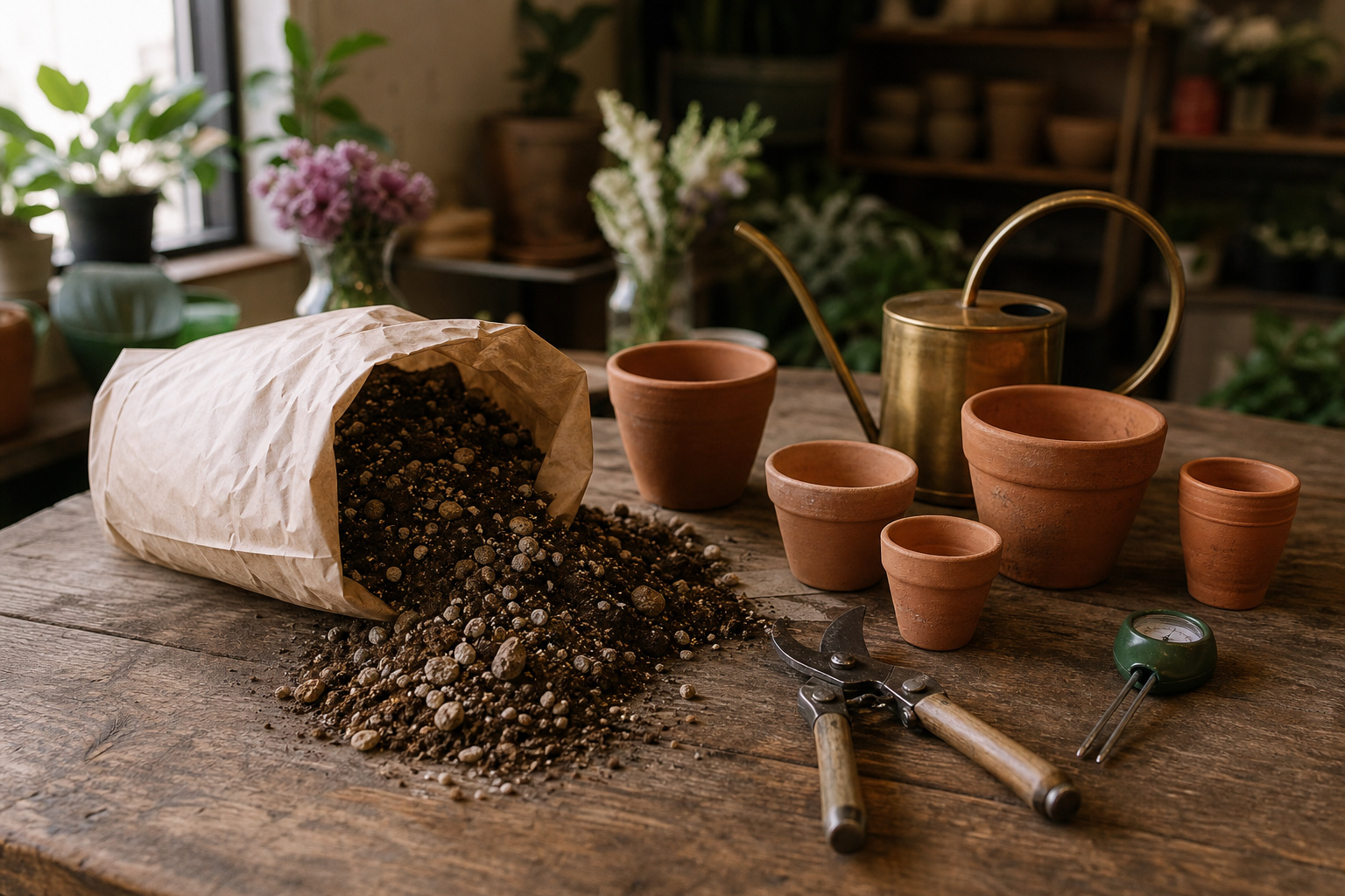 A florist's worktable with cactus potting mix, empty terra cotta pots, pruning shears, and a long-spout watering can