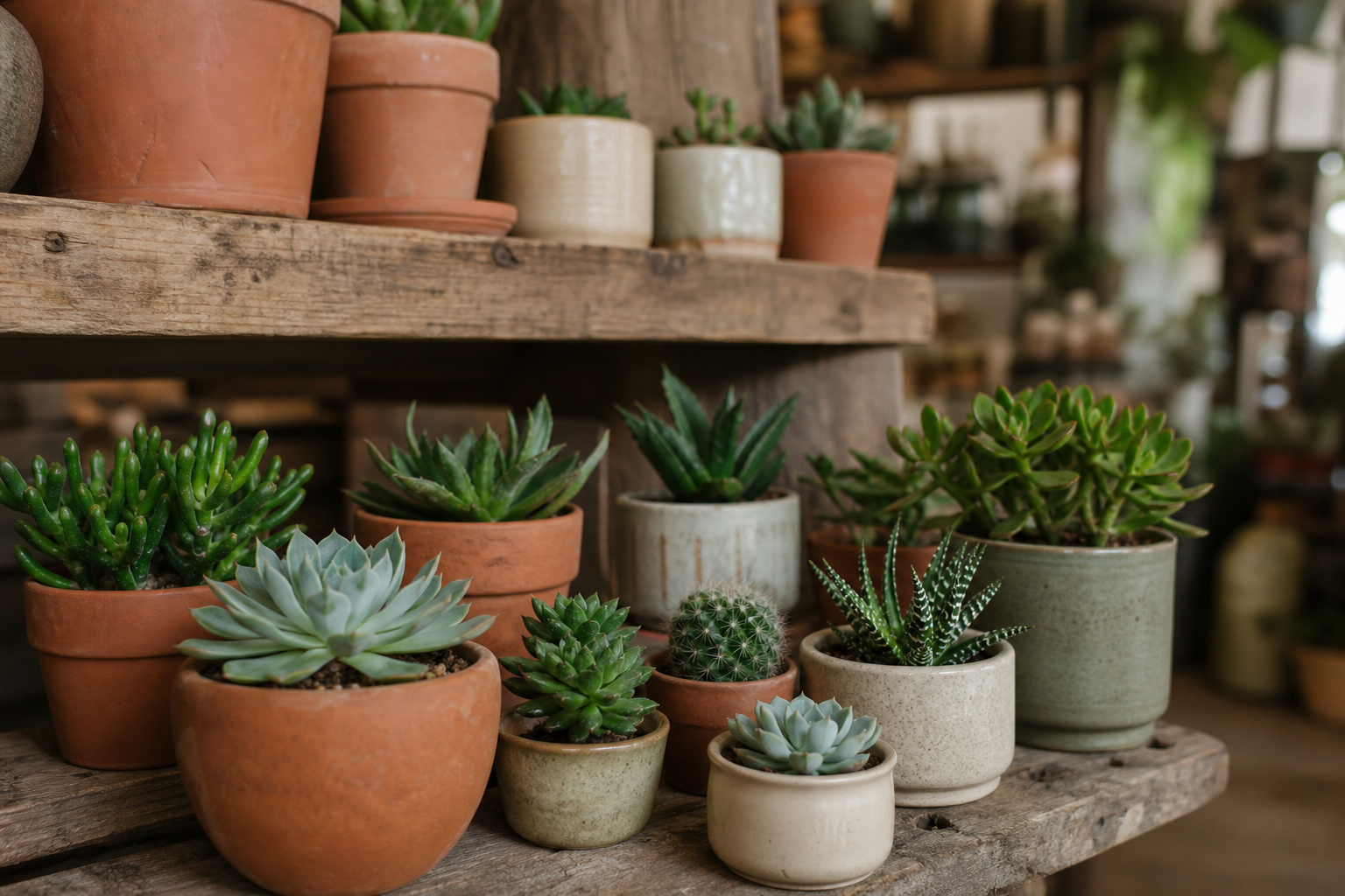 An assortment of small indoor succulent plants in terra cotta and ceramic pots displayed on wooden shelving in a plant shop
